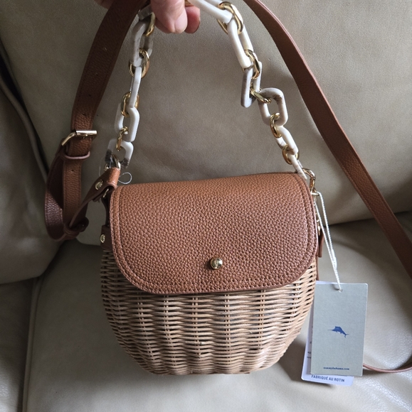 New Tommy Bahama Bag Rattan Brown Tan Crossbody Strap Handbag Purse Convertible - Picture 1 of 15